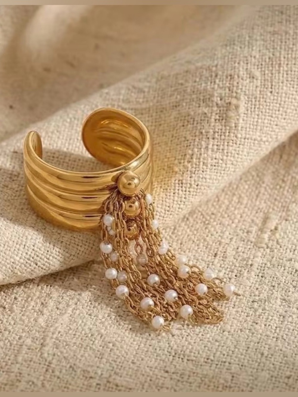 Gold Tassel Chain Ring with Pearl Accents